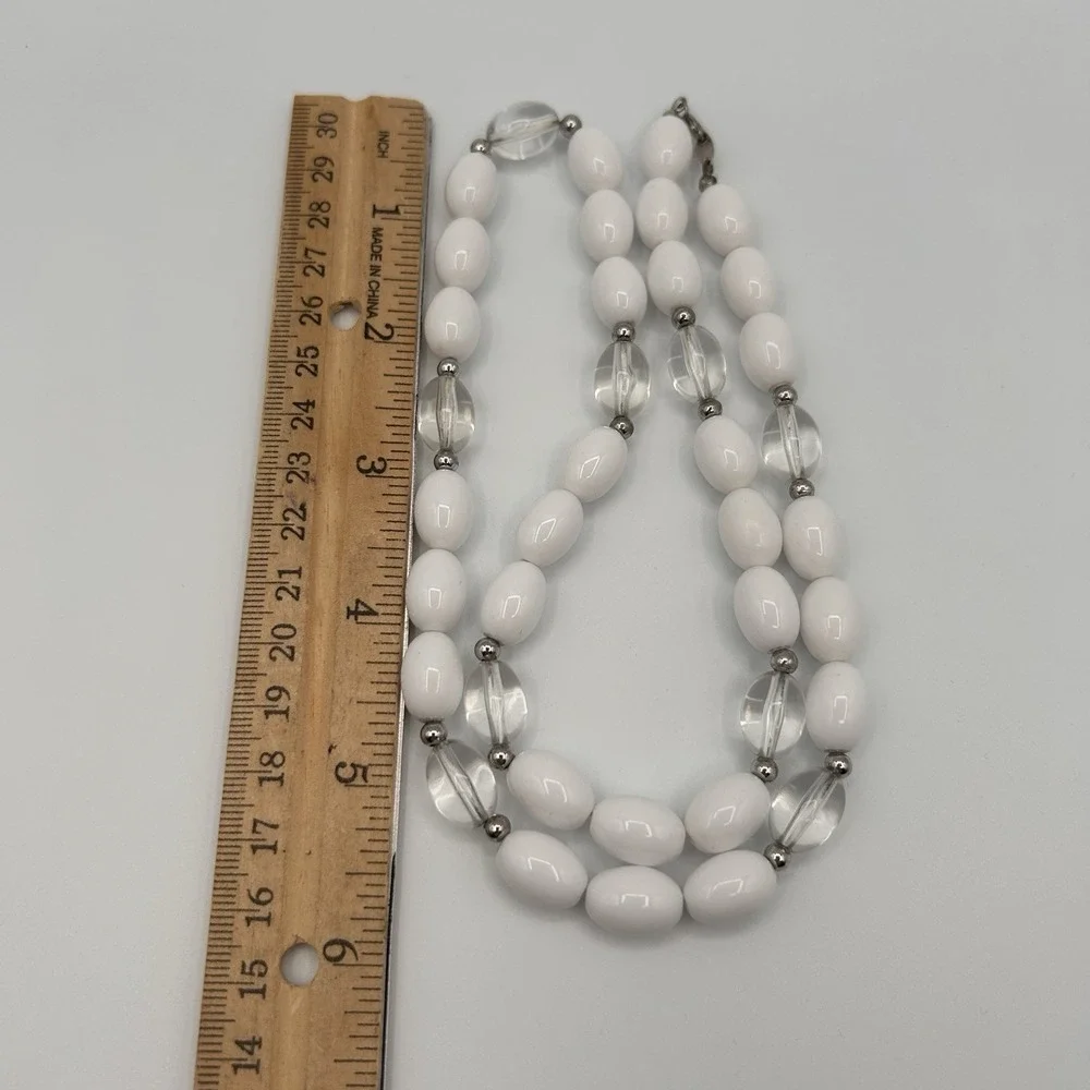 Vintage Trifari Necklace Silver tone White Lucite Single Strand Spacer Bead 12